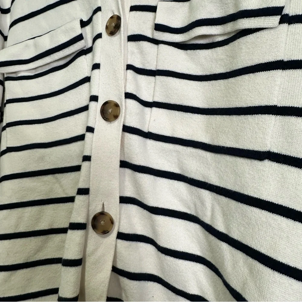 Loft Women’s L Off-White & Navy Striped Collared Knit Cardigan